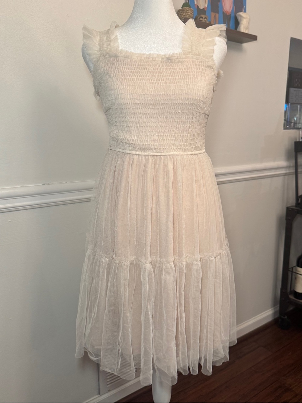 PrettyGarden Cream Tulle Smocked Midi Dress Ruffle Strap Cottagecore M